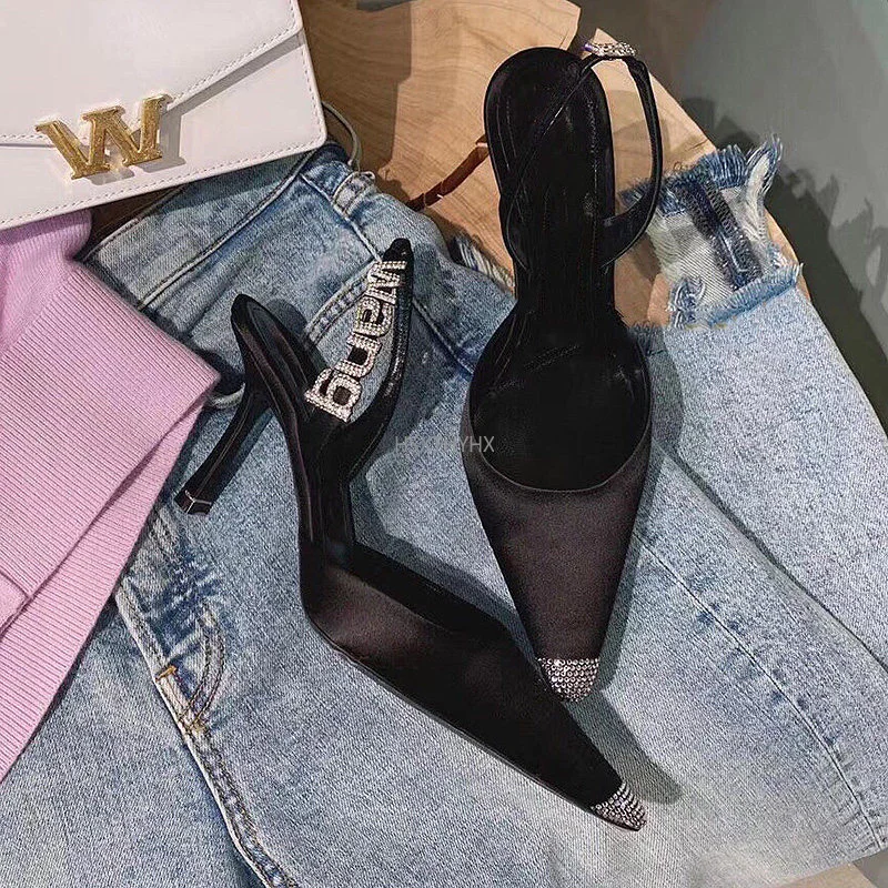 

2022 New Women Pumps Silk Satin Pointed Toe Rhinestone Crystal High Heels Woman Wedding Dress Pumps Heeled Mules Heels Women