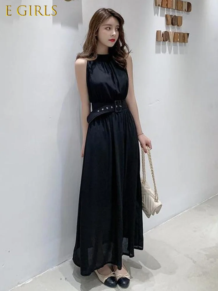 

E GIRLS Woherb Sexy Chiffon Dress Women Summer 2022 Halter Dresses Korean Chic Slim Waist Vestidos Maxi Beach Office Robe