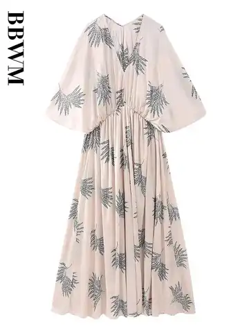 Print Long Dress Woman V Neck Vintage Three Quarter Sleeve Dress Women Casual Maxi Dresses 2023 Summer Elegant Chic Female Dress