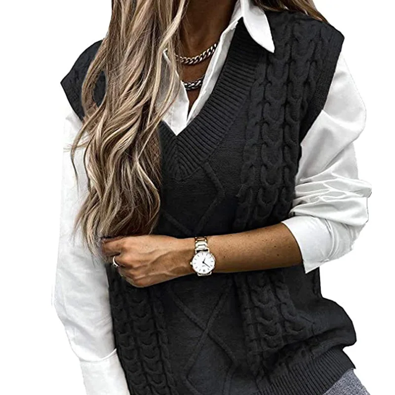 

Large V-neck Sweater Waistcoat Women's Autumn and Winter New Fashion Loose Vest Sleeveless Twist Knitting In Europe and America