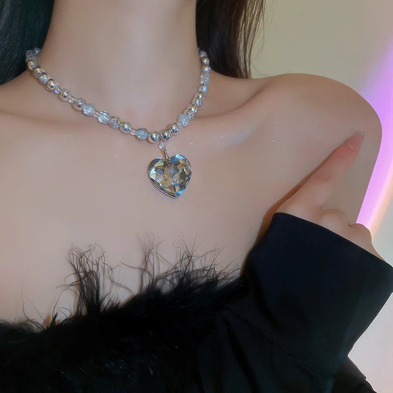 

FYUAN Fashion Love Heart Crystal Choker Necklaces for Women Ball Chain Necklaces Statement Jewelry
