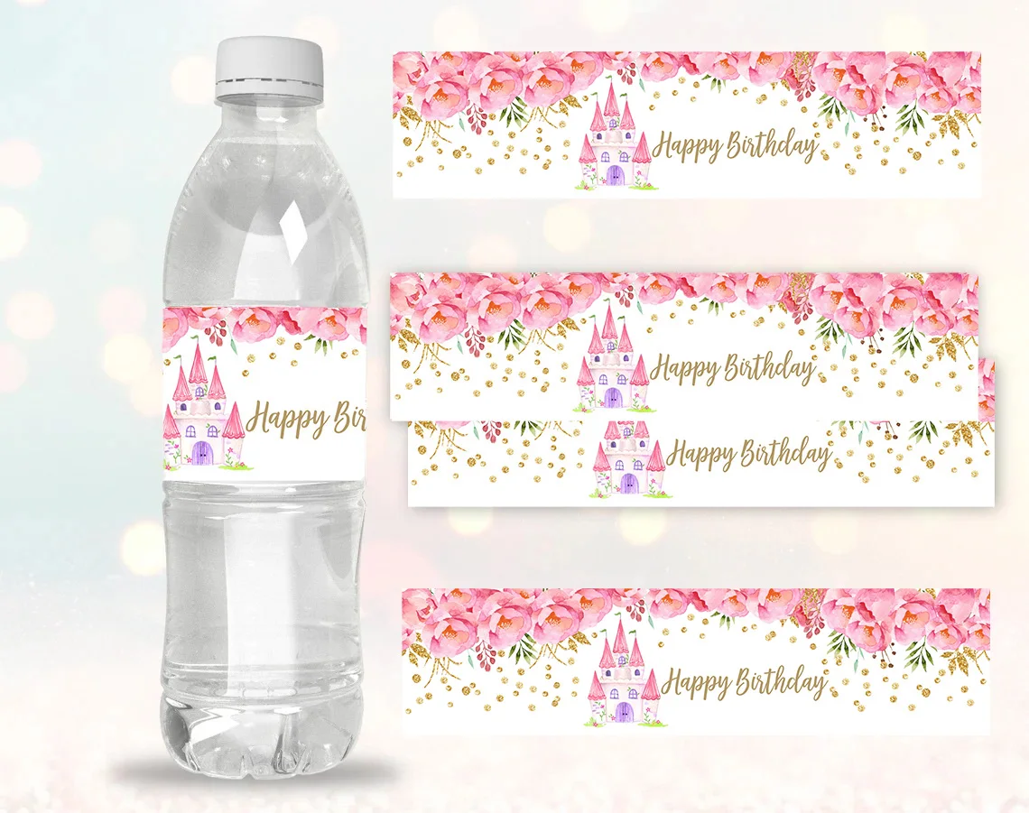 Pink Castle Water Bottle Labels for Disney Princess Party Su