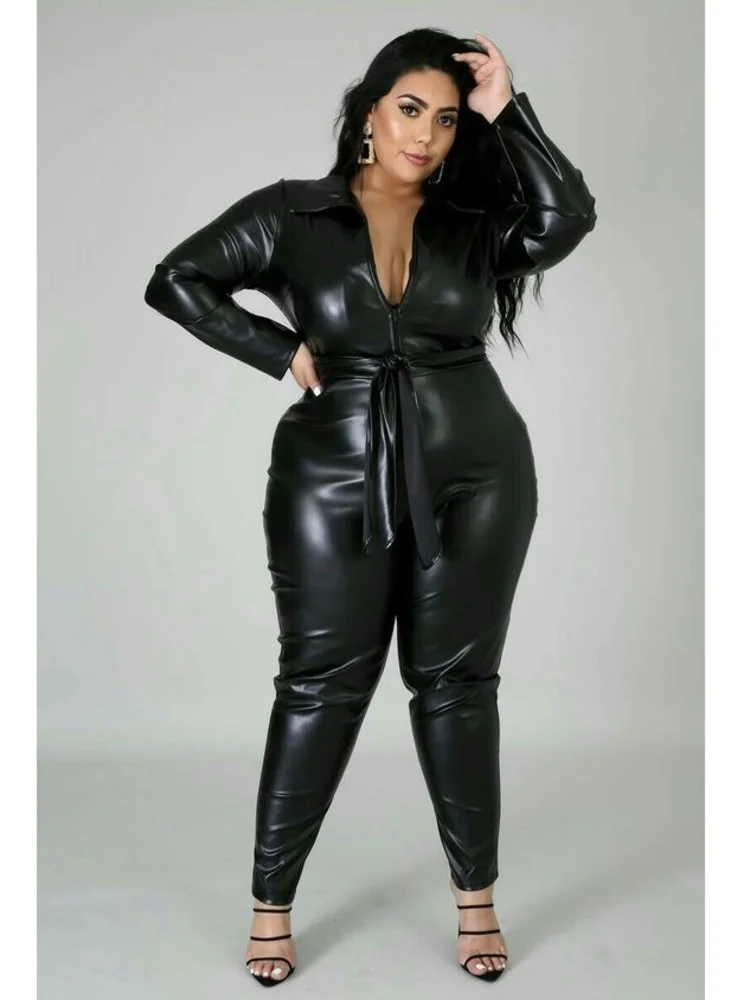 

Женский однотонный комбинезон большого размера с завязкой на талии, новинка на осень и зиму, повседневный кожаный модный женский комбинезо...