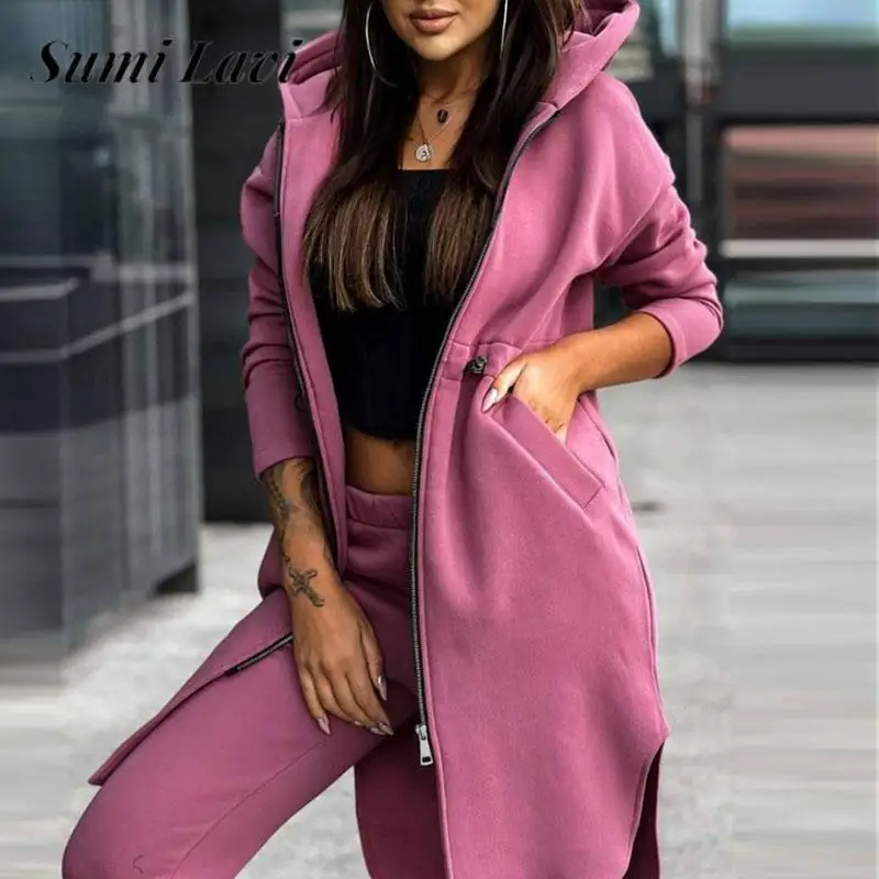 

Autumn Winter Women Matching Set Fashion Fleece Hooded Sweatshirt with Pants 2pc Set Casual Solid Color Lady Sports Running Sets