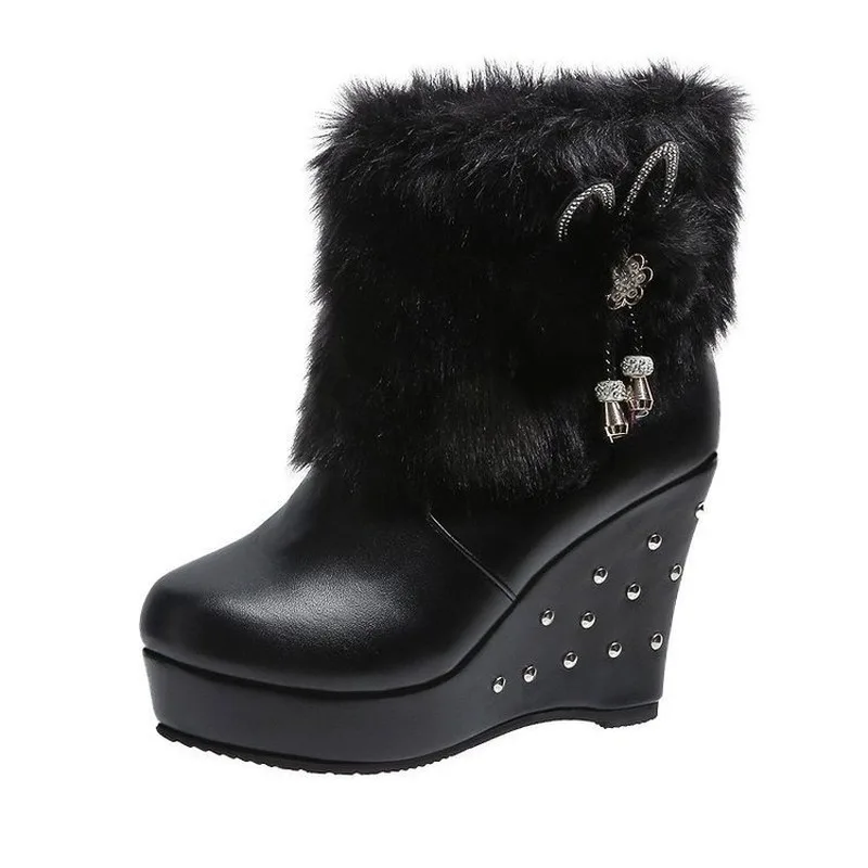 

Snow Shoe Woman Boot Winter Wedge-heeled Platform Ankle Boots Fashion Rivet Rhinoceros-velvet Thermal Boots Women Shoes