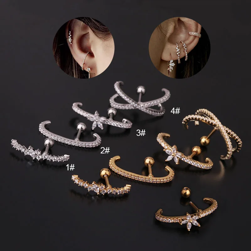 

Biliear 1Piece Fashion Rose Gold Stainless Steel Helix Cartilage Piercing Hoop CEarrings for Women Zircon Curved Cross Earrings