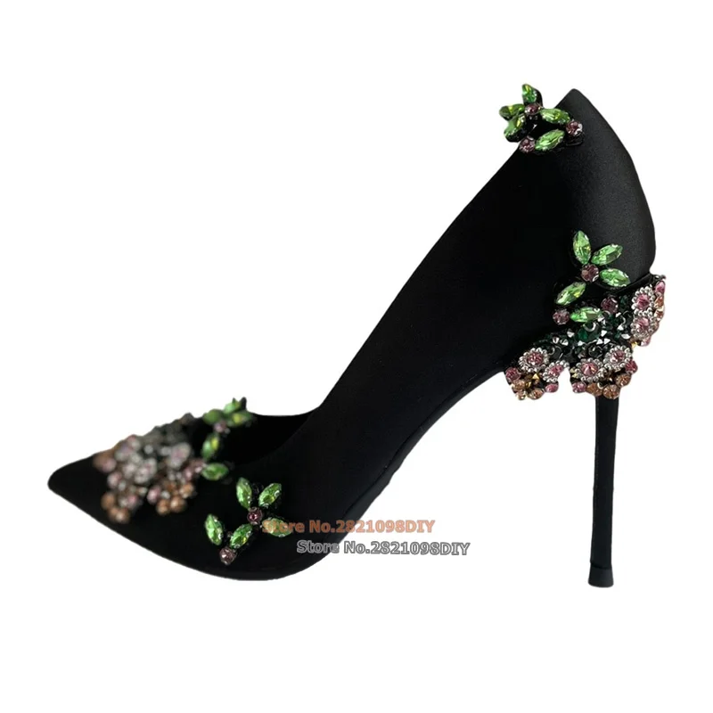 Black Satin Crystal Flowers High Heels Women Shallow Slip On Pointy Toe Pumps Rhinestone Fashion Women Dress Shoes