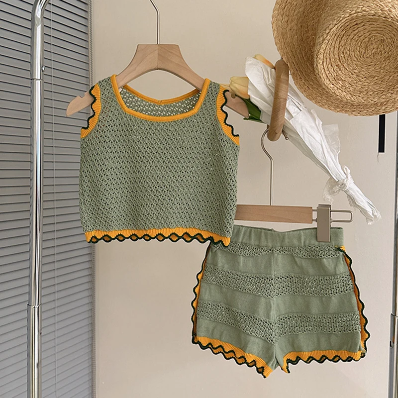 

2023 Summer Knitted Set Sleeveless Top+Shorts 2Pcs Casual Set Sportswear Kid Clothes Children Girl Clothes