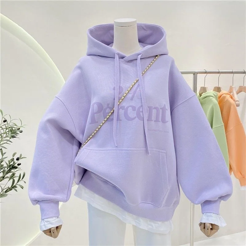 

Hoodies Women Sweatshirts Oversized Warm Thick Splicing Letter Print Tops Korean Simple Pocket Loose Pullover Hoodie Winter New