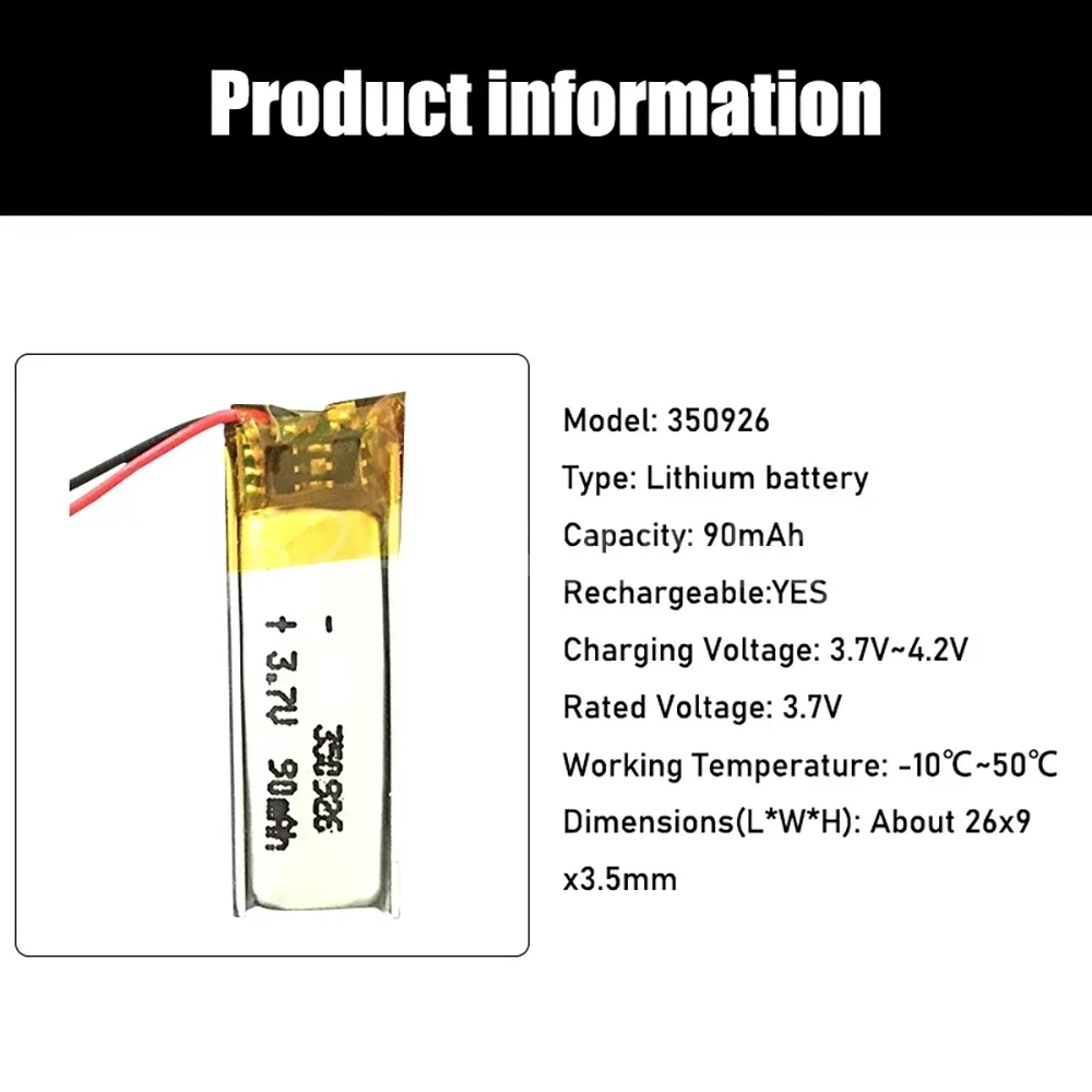 3.7V Lipo cells 350926 90mah Lithium Polymer Rechargeable Battery For MP3 GPS bluetooth headset LED Lamp Smart bracelet
