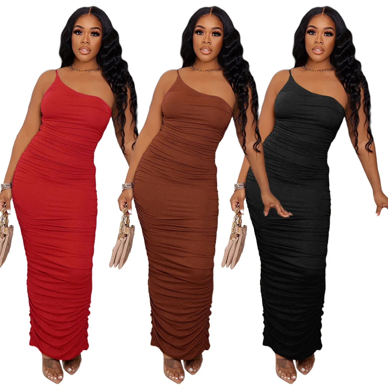 

45Q21S8012 Spring Winter Women Casual Fashion Sexy Solid Pleated Shoulder Dress Vestidos HOT Hot