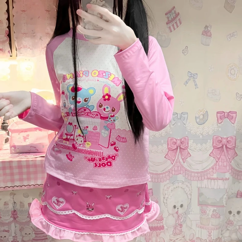 Фото Футболки HOUZHOU в стиле Kawaii Juminocore для женщин, Y2k Cutecore, в горошек, с длинным рукавом, в японском стиле, милые эстетичные облегающие топы №4