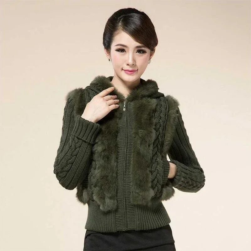 

2023 Winter Women Real Rabbit Fur Hoodie Zipper Inner Wear Match Coat Thickened Warm SweaterSpring Rabbit Fur Sweater Jacket