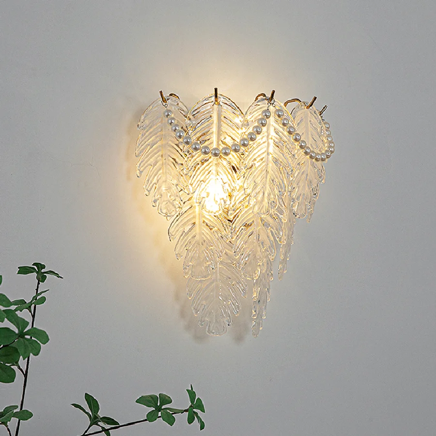 

Dimmable LED Wall Lamp Pearl Chain Feather Leaf Shell Sun Flower Shaped Glass Bedroom Night Luxury Home Decor Appliance
