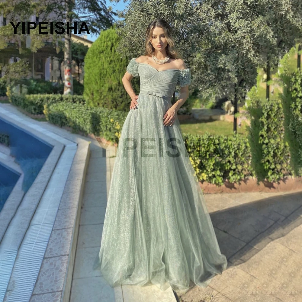 

2021 New Sage Green Evening Dress A-Line Sweetheart Off Shoulder Tulle Bow Sashes Pleat Floor Length Court Train Party Prom Gown