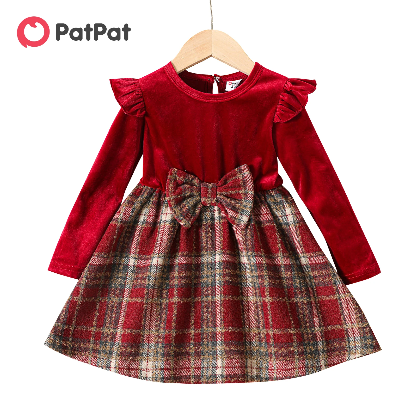 

PatPat Toddler Girl Christmas Velvet Plaid Splice Bowknot Design Long-sleeve Dress