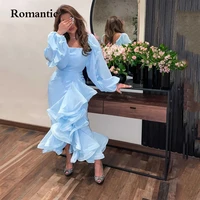 romantic baby blue satin evening dress asymmetrical full sleeves square collar short prom gowns saudi arabia vestido plus size