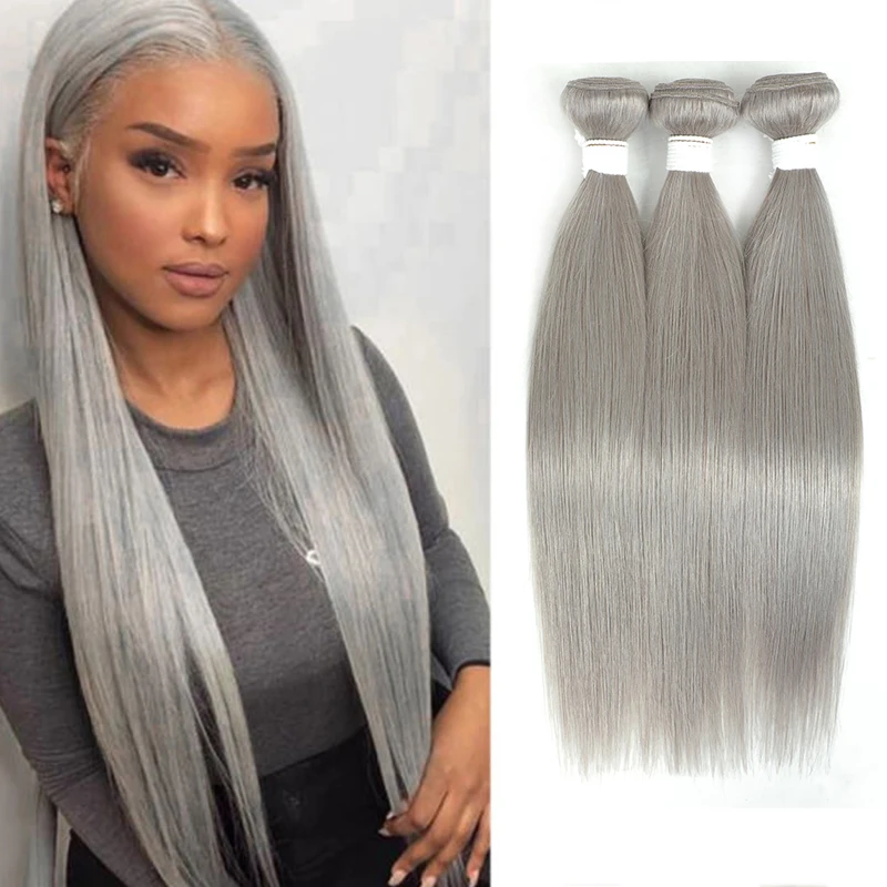 

Серебристо-серые пряди человеческих волос, бразильские прямые волосы 3/4 шт, пряди для плетения, не Реми, наращивание волос GOODHAIR