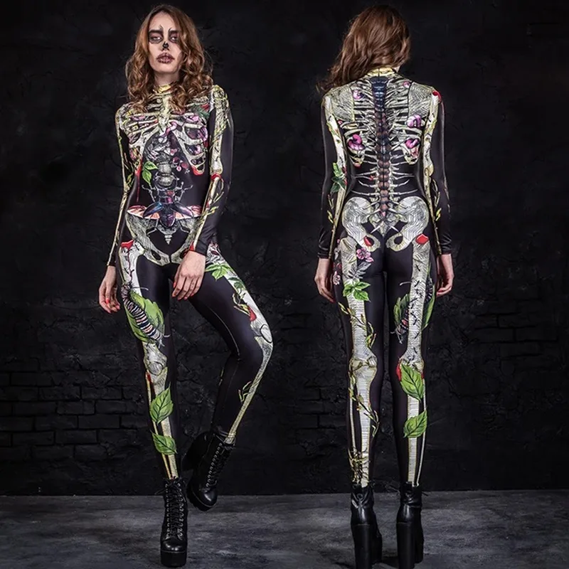 

Halloween Women Outfits Cosplay Clothing Halloween Horror Human Skeleton Tight Jumpsuit Clothing Costumes Playsuit BodySuit