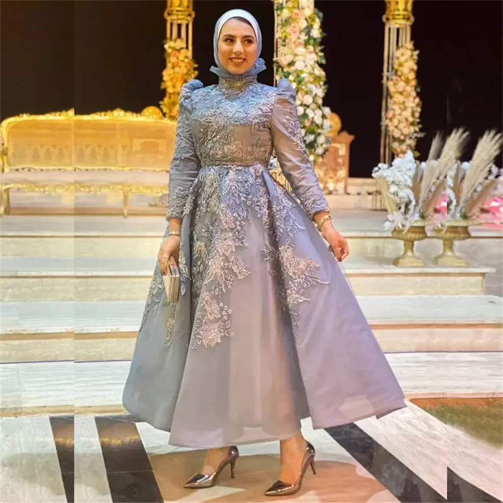

Classy Muslim Beaded Evening Dresses High Neck Appliqued Long Sleeves Prom Gowns A-Line Tea Length Sequined Organza Formal Dress
