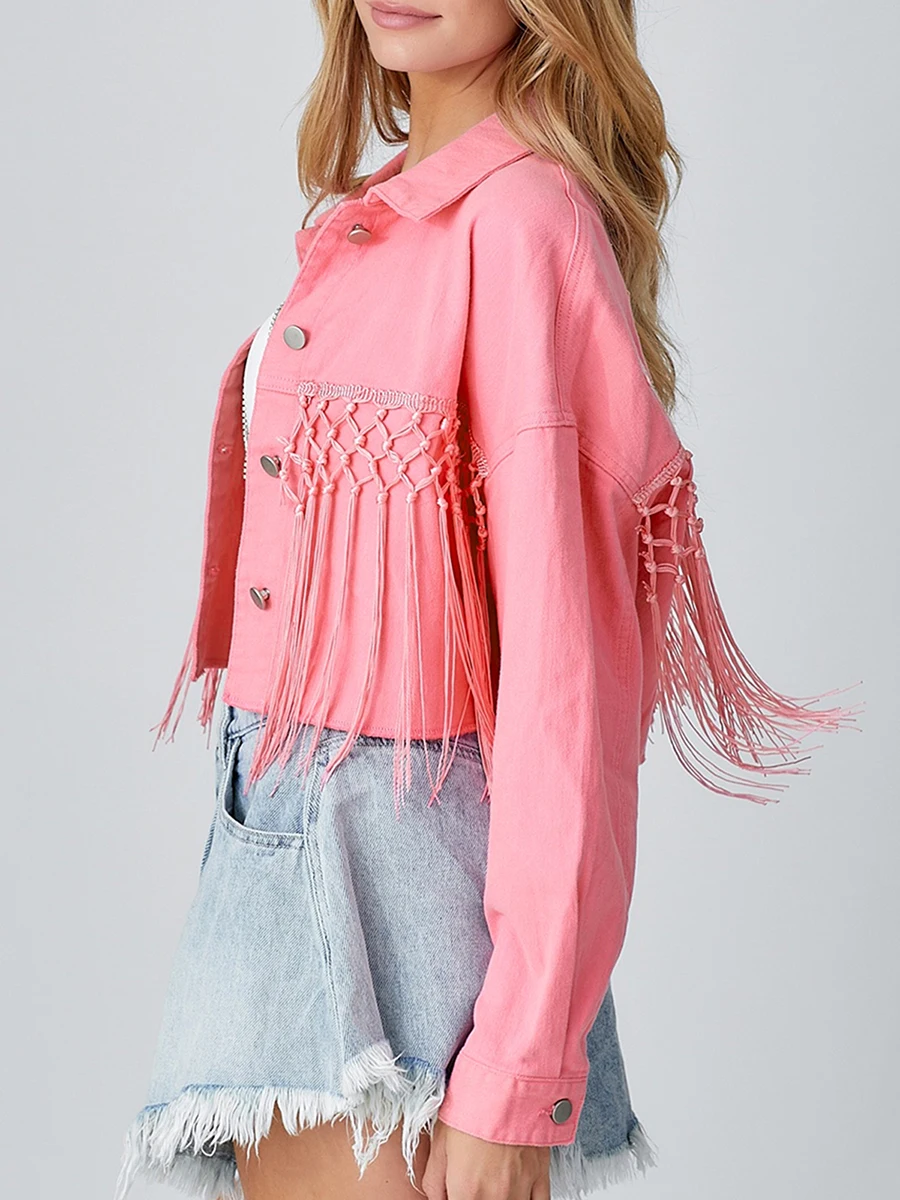 

Women s Oversized Distressed Denim Jacket with Fringe Detail and Ripped Sleeves - Stylish Long Sleeve Jean Coat for Outwear