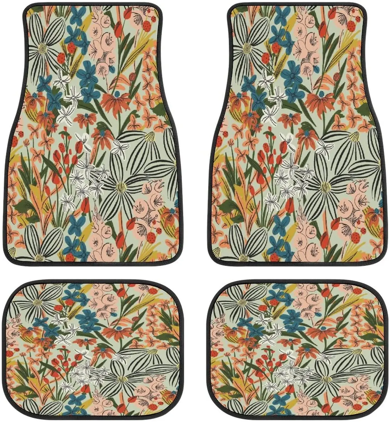 

Yellow Floral Plant Leaves Car Mats Front&Rear 4-Piece Full Set Carpet Car SUV Truck Floor Mats with Non Slip Back