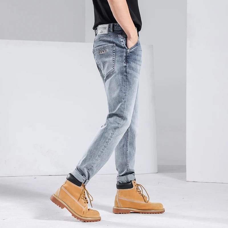 2022 New Men's Retro Light Blue Jeans Business Casual Stretch Straight Denim Pants Male Mid-waist Trousers Drop Shipping