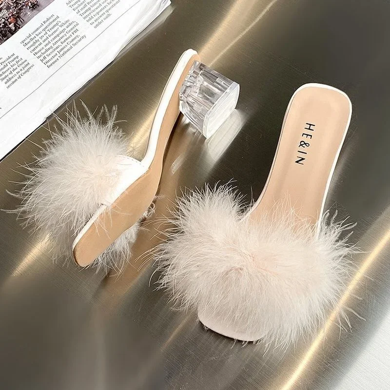 New Summer Fluffy Slippers Peep Toe Sexy High Heels Women Shoes Feather Fashion Wedding Slip-On Pink Square Toe Sandals