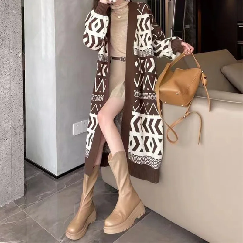 

Sweater Coat Cardigan Women's Autumn and Winter Long Loose over Knee Slimming Sense of Design Retro Lazy Style Sweater Fashion