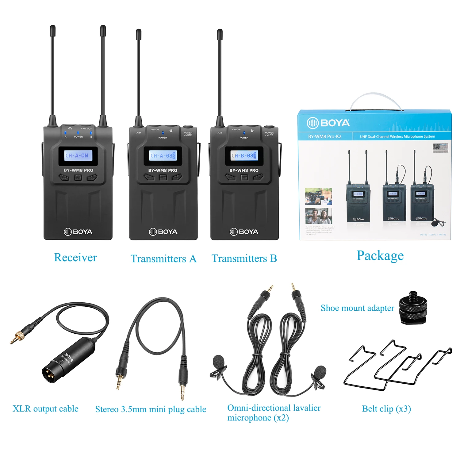 BOYA BY-WM8 Pro Professional Dual-Channel UHF Wireless Lavalier Lapel Microphone System for Camera iPhone PC DSLR Live Broadcast images - 6