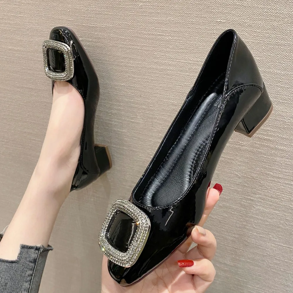 2022 New Style Women High Heels Shoes Square Toe Metal Button PU Casual Office Ladies Party Wedding Shoes Woman Pumps Black