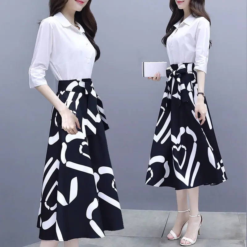 

Women Dress For Summer 2023 New Simple Style Print False 2 Pieces Slim Female Vestidos Oversize Office Lady Clothes High Quality