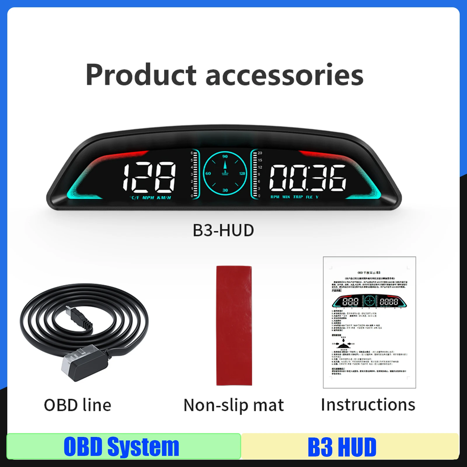 

2025 B3 Проекционный дисплей OBD2 Smart Car HUD Цифровой спидометр Охранная сигнализация Об/мин Температура воды Тахометр Часы Напряжение