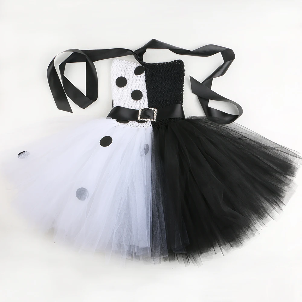 Cruella De Vil Tutu Dress Girls Dalmatians Black White Witch Cosplay Halloween Costume Kids Fancy Carnival Party Clothes Outfit images - 6