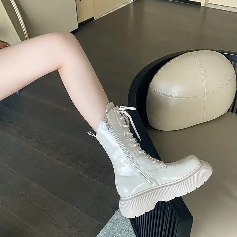 

Winter Women Mix Color Brand Design Trend Mid-calf Boots Motorcycles Platform Wedge Heel Round Toe Zip Cool Punk Shoes Ladies