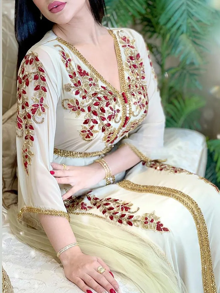 PLEINDI Bohemian Evening Dresses V-Neck Straight Three Quarter Ankle-Length Chiffon 2022 New of Ruched Boho Prom Women Dress