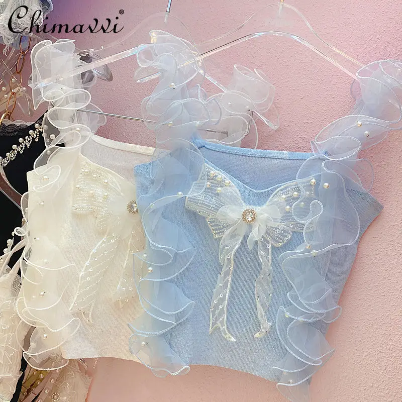 

Женский трикотажный топ на бретельках, привлекательный облегающий однотонный топ с вышивкой и блестками, лето 2022