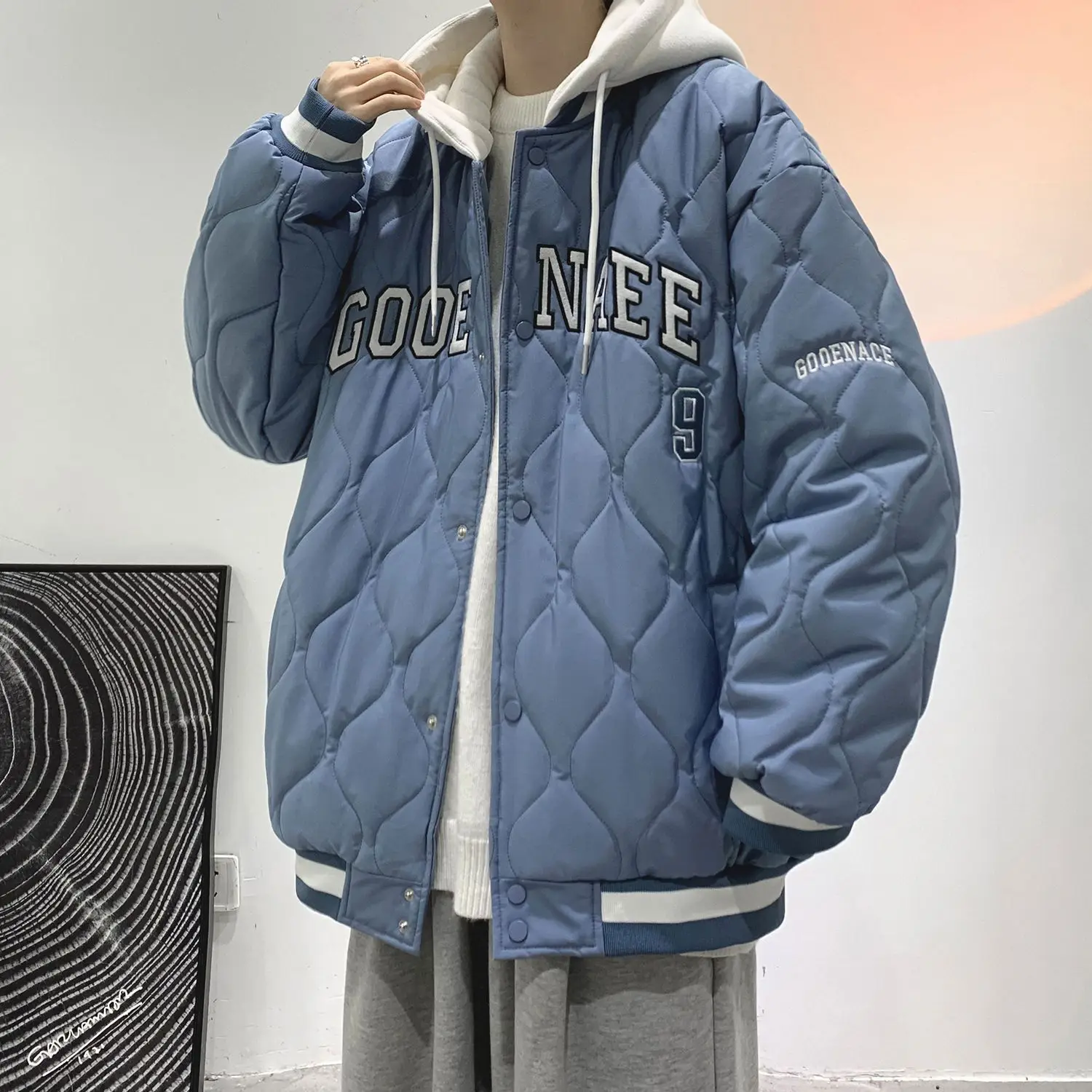Fake Two Cotton-padded Men's Baseball Uniforms Hooded Winter N Fashion Brand Warm Thickened Couple Loose Cotton Jacket