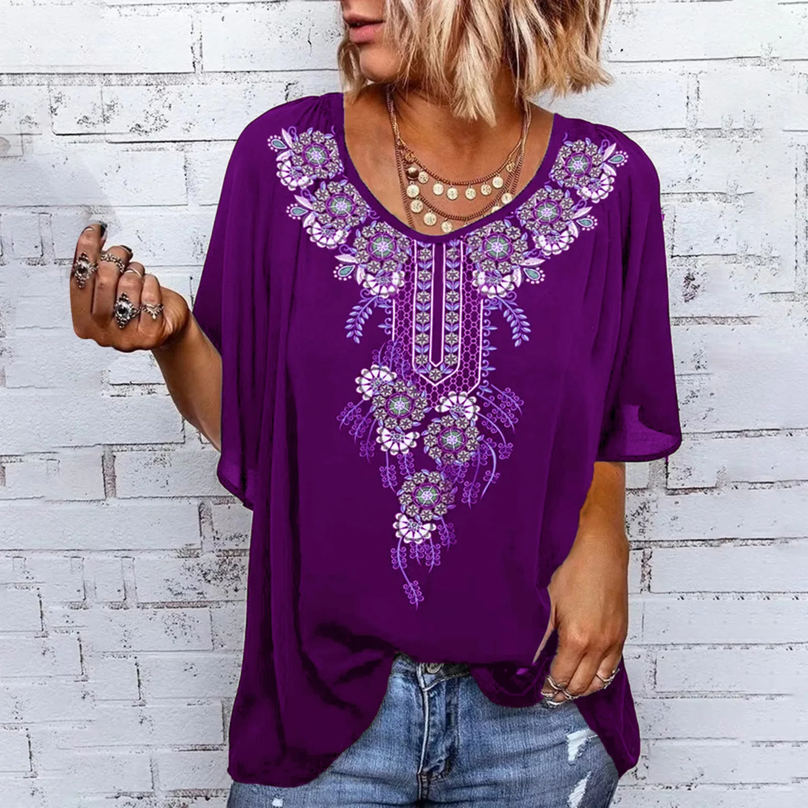 

Casual Loose Top 2022 Spring Summer T-shirt Women's Print T-shirt Ethnic Loose Top Lotus Leaf Sleeve T-shirt Pollover