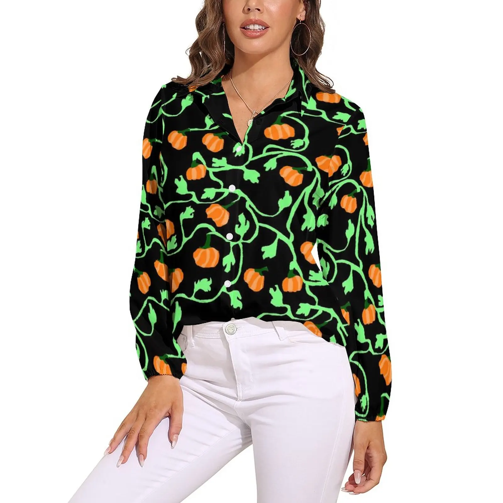 

Блузка с изображением тыквы и лозы, офисные блузки на заказ с принтом зеленых листьев, женские повседневные рубашки с длинным рукавом, Осенний Топ большого размера