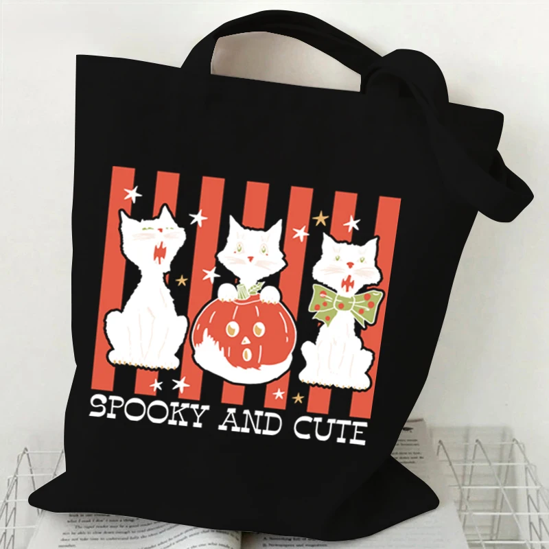 Vintage Halloween torebki damskie moda czarna torba na ramię z kotem unisex płótno upiorny sezon zakupy kreskówka kotek materiałowa