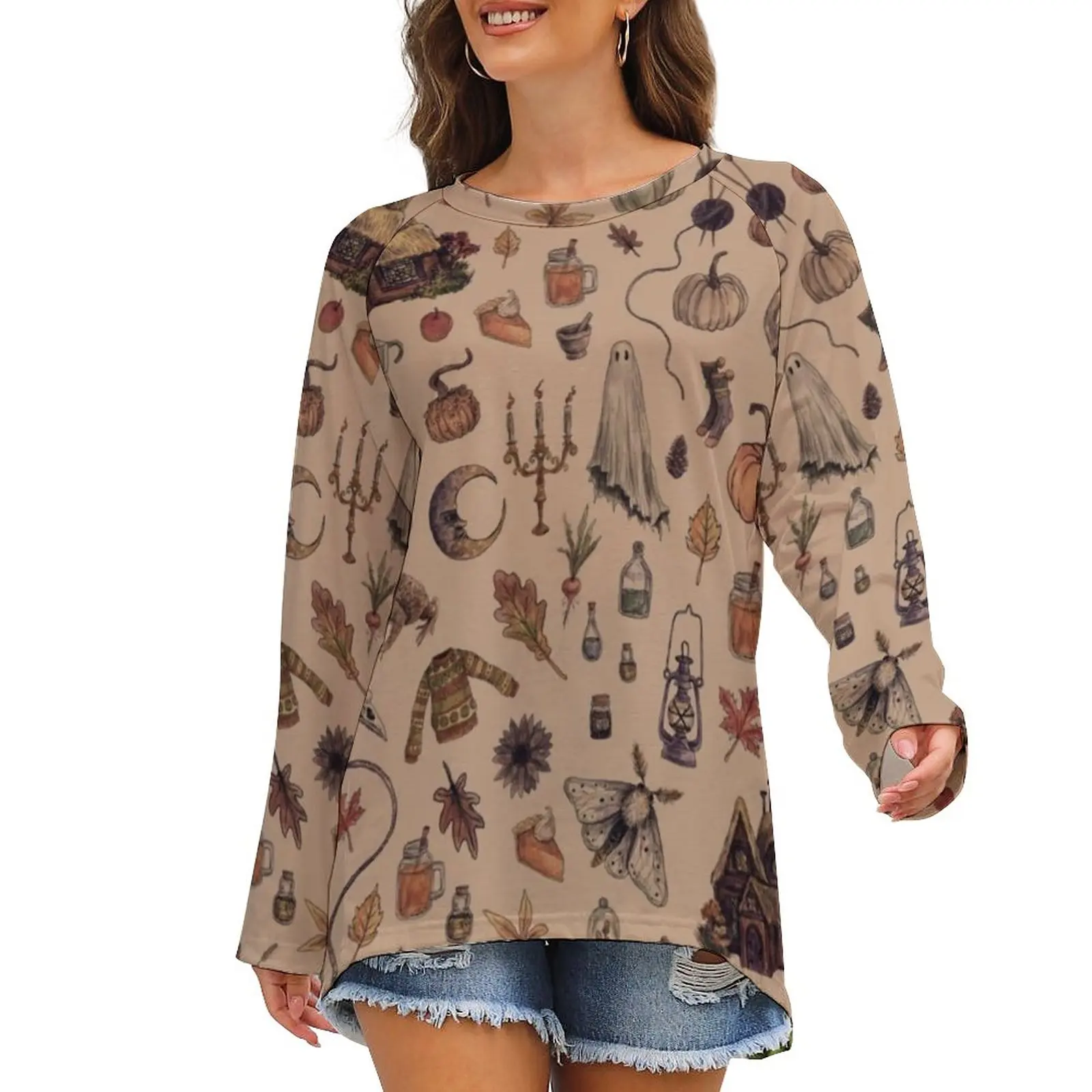 

Женская футболка с длинным рукавом и принтом ведьмы