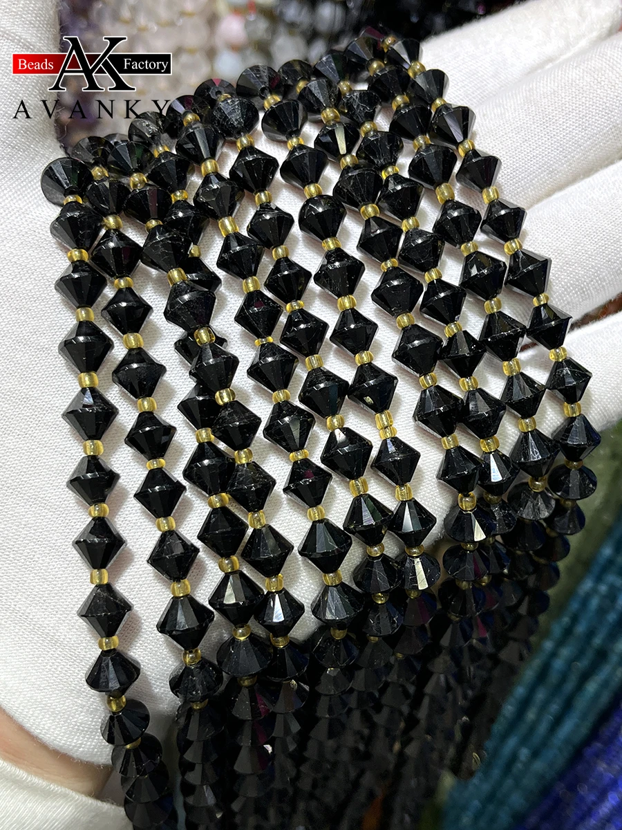 

Natural Black Tourmaline Crystal Round Stone Pyramid Beads Faceted Loose Spacer For Jewelry Making DIY Necklace Bracelet 15''8mm