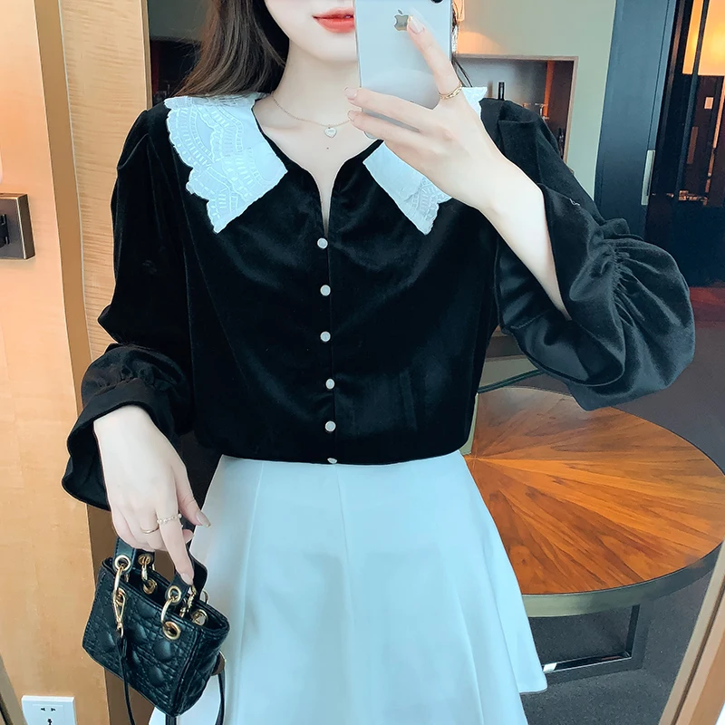 

Loose Women's Shirts New Fashion Blouses Solid Color Doll Collar Autumn Casual Long Sleeve Top Korean Style Female Clothing