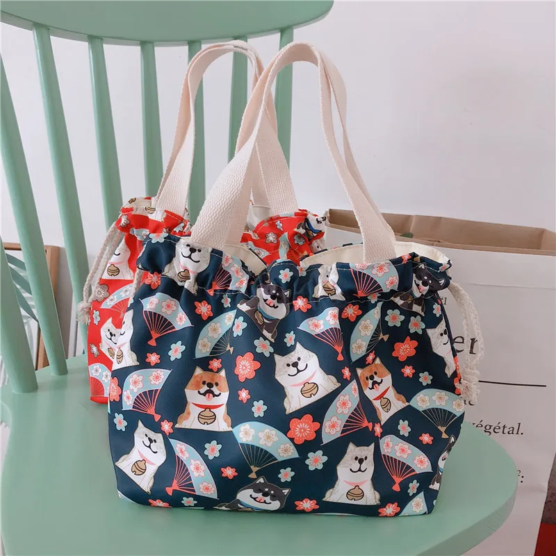 

Kawaii Japanese Lucky Cat Teenager Recycled Cotton Fabric Drawstring Handbag Women Casual Small Size Grocery Everyday Tote Bag