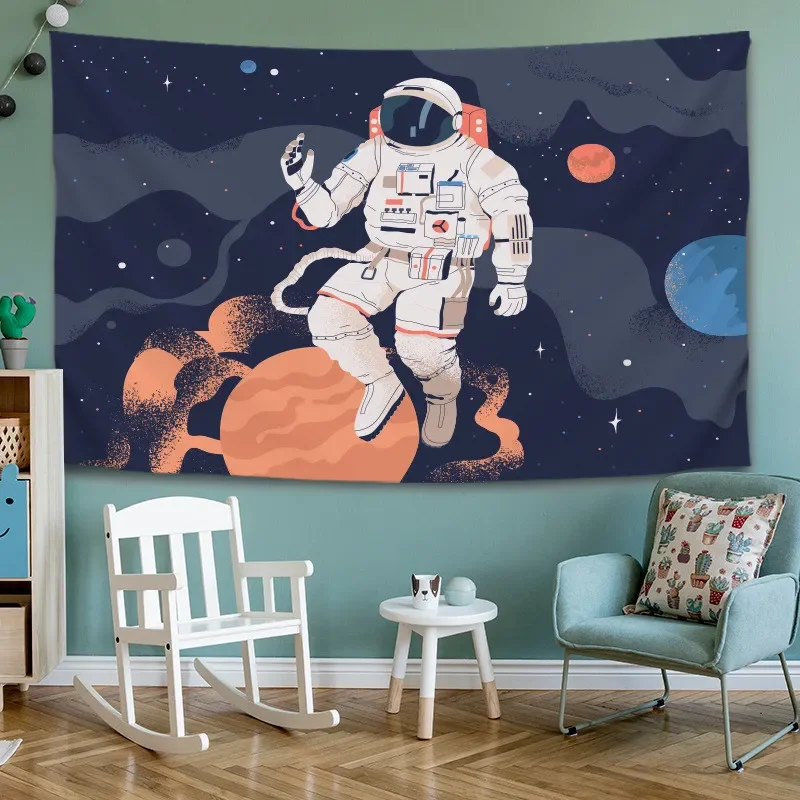 Гобелен с мультяшным космосом астронавтом для детской комнаты синий фон