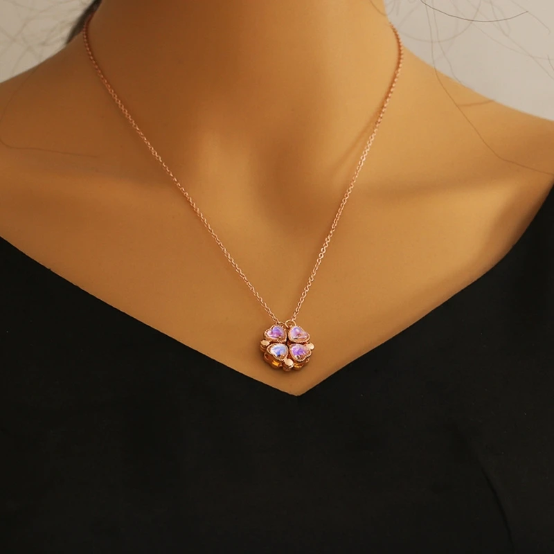 

Shiny Zircon Necklace Trendy Four Leaf Clover Heart Necklace Cute Magnet Jewelry Clover Necklaces for Women Girlfriend