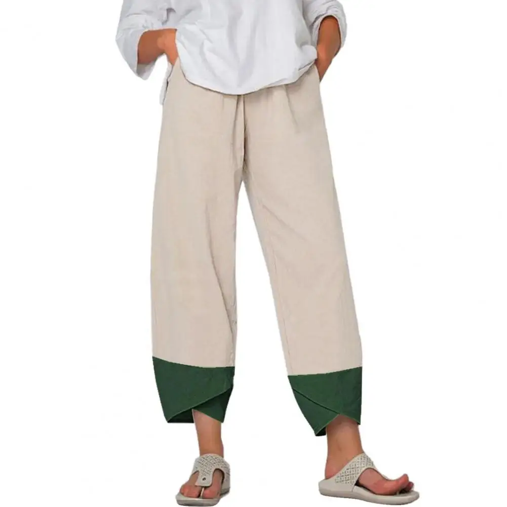 

Women Pants Elastic Waist Mid-Rise Slant Pockets Women Bloomers Patchwork Leg Opening Ninth Length Wide Leg Pants Female Clothes