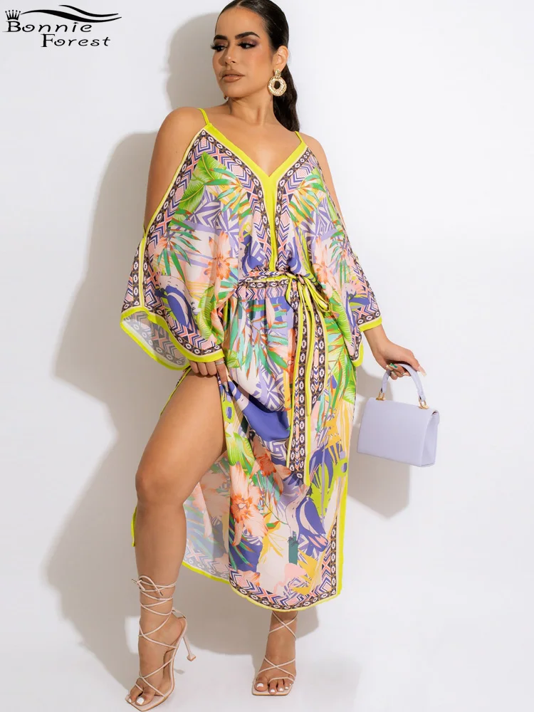 

Богемное платье для отпуска Bonnie Forest с открытыми плечами тропические пинты женская накидка пляжное платье вечерняя Клубная одежда сексуаль...