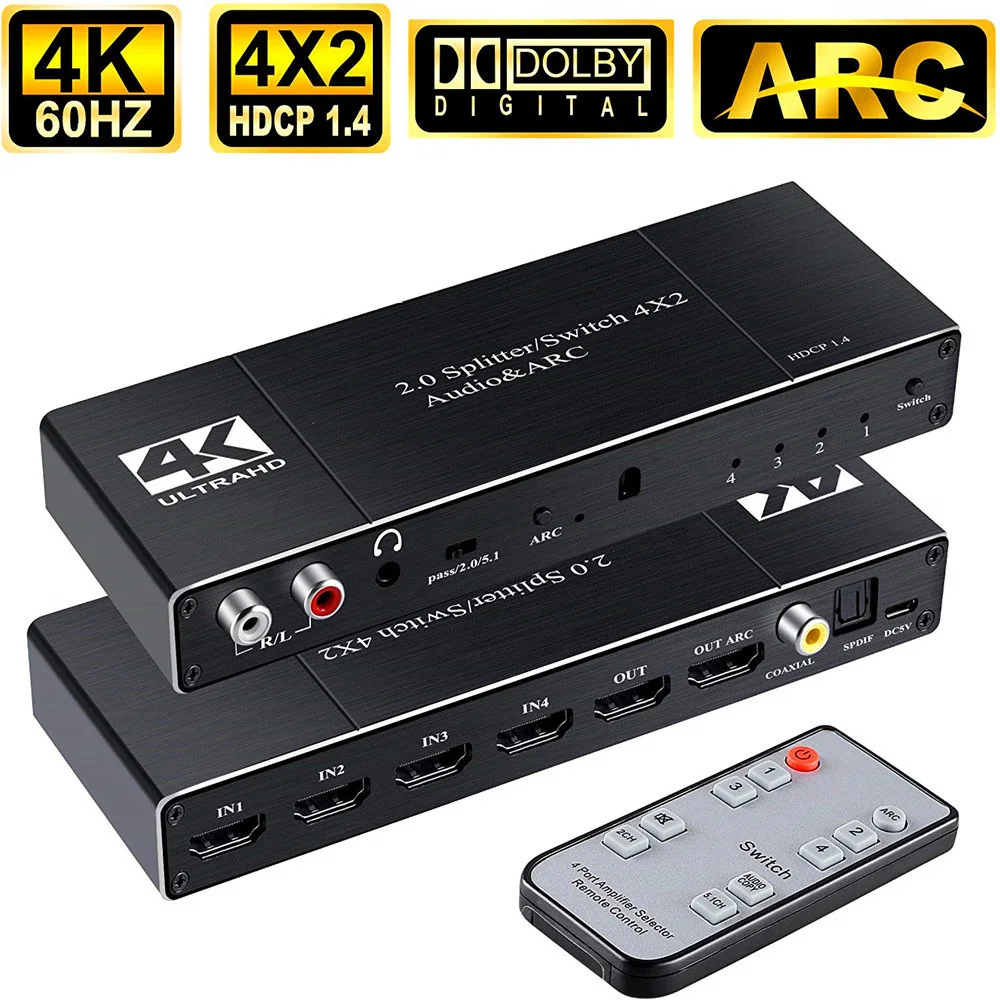 

Новый аудиоразветвитель 4 в 2 Выход видеопереключатель ARC 4K HDMI-совместимый переключатель Эффективная передача без черного экрана